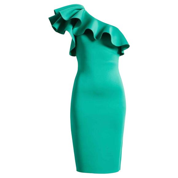 Eliza J One-Shoulder Scuba Ruffle Neck Midi Dress Size US 10 Jade - Picture 1 of 12